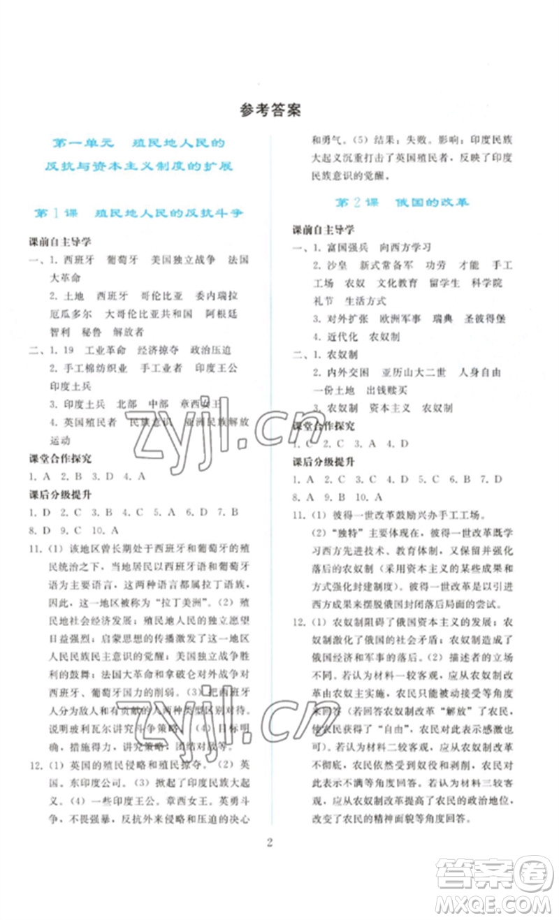 人民教育出版社2023同步輕松練習(xí)九年級(jí)世界歷史下冊(cè)人教版參考答案