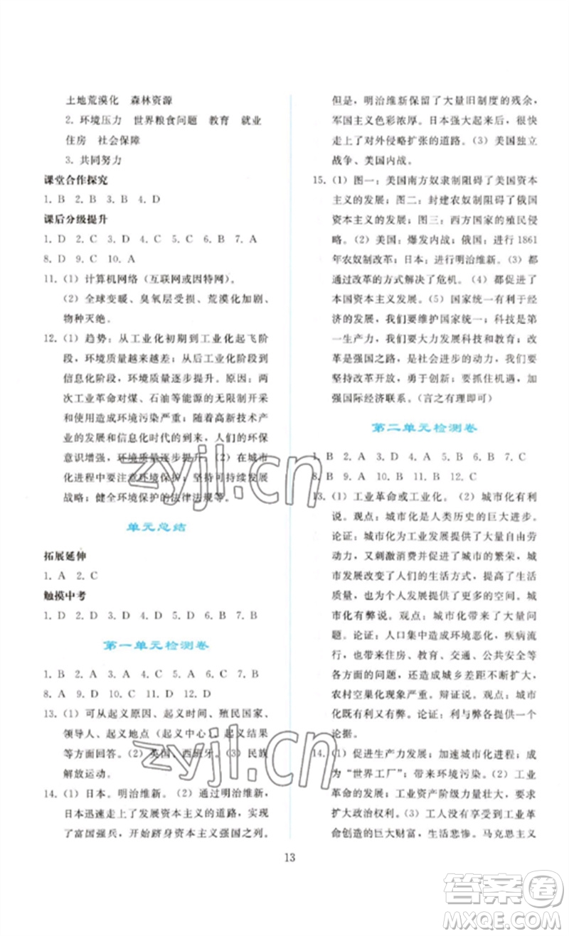 人民教育出版社2023同步輕松練習(xí)九年級(jí)世界歷史下冊(cè)人教版參考答案