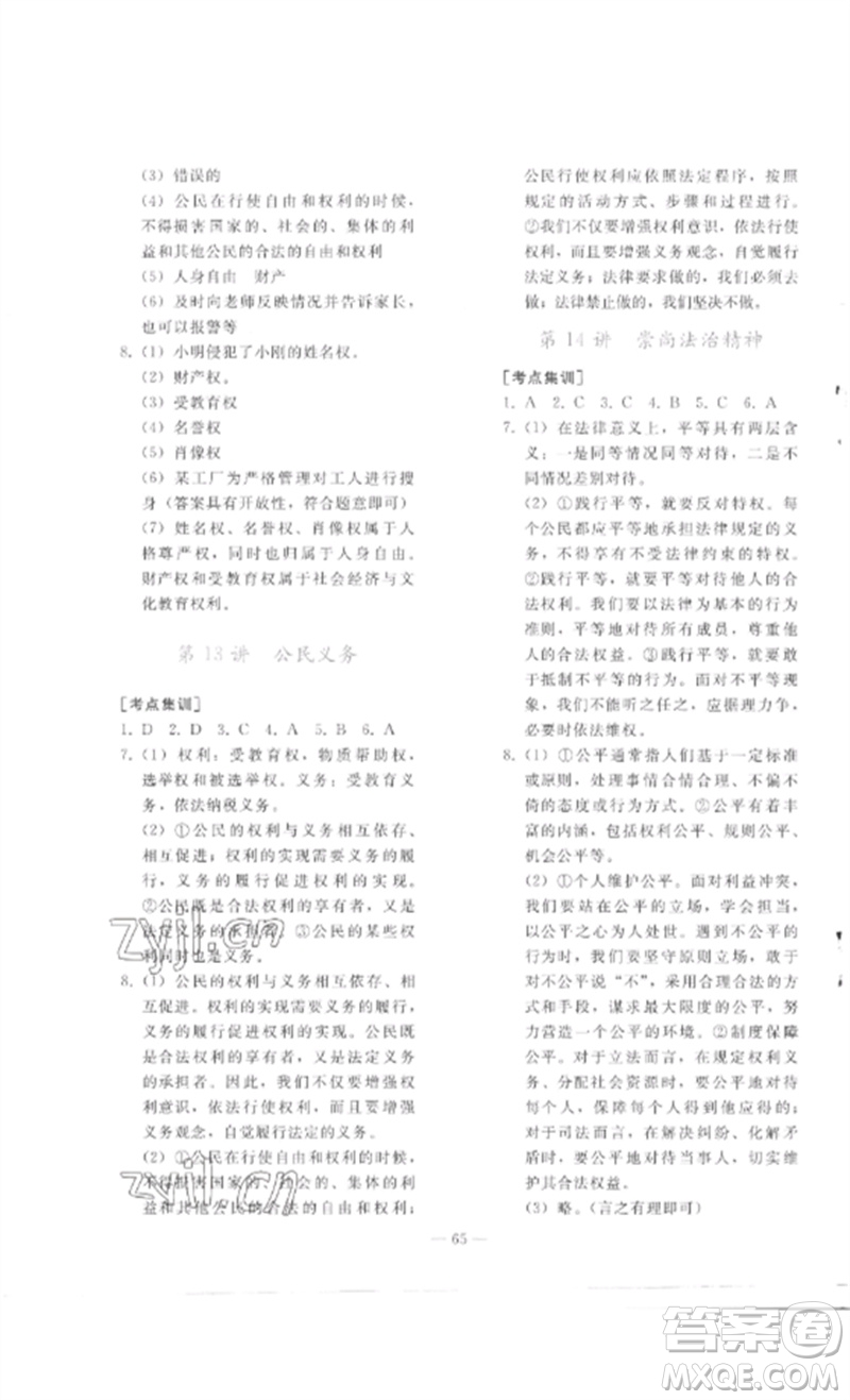 人民教育出版社2023同步輕松練習(xí)九年級(jí)道德與法治總復(fù)習(xí)人教版參考答案
