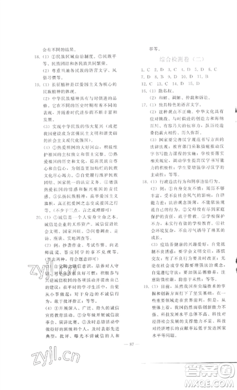 人民教育出版社2023同步輕松練習(xí)九年級(jí)道德與法治總復(fù)習(xí)人教版參考答案