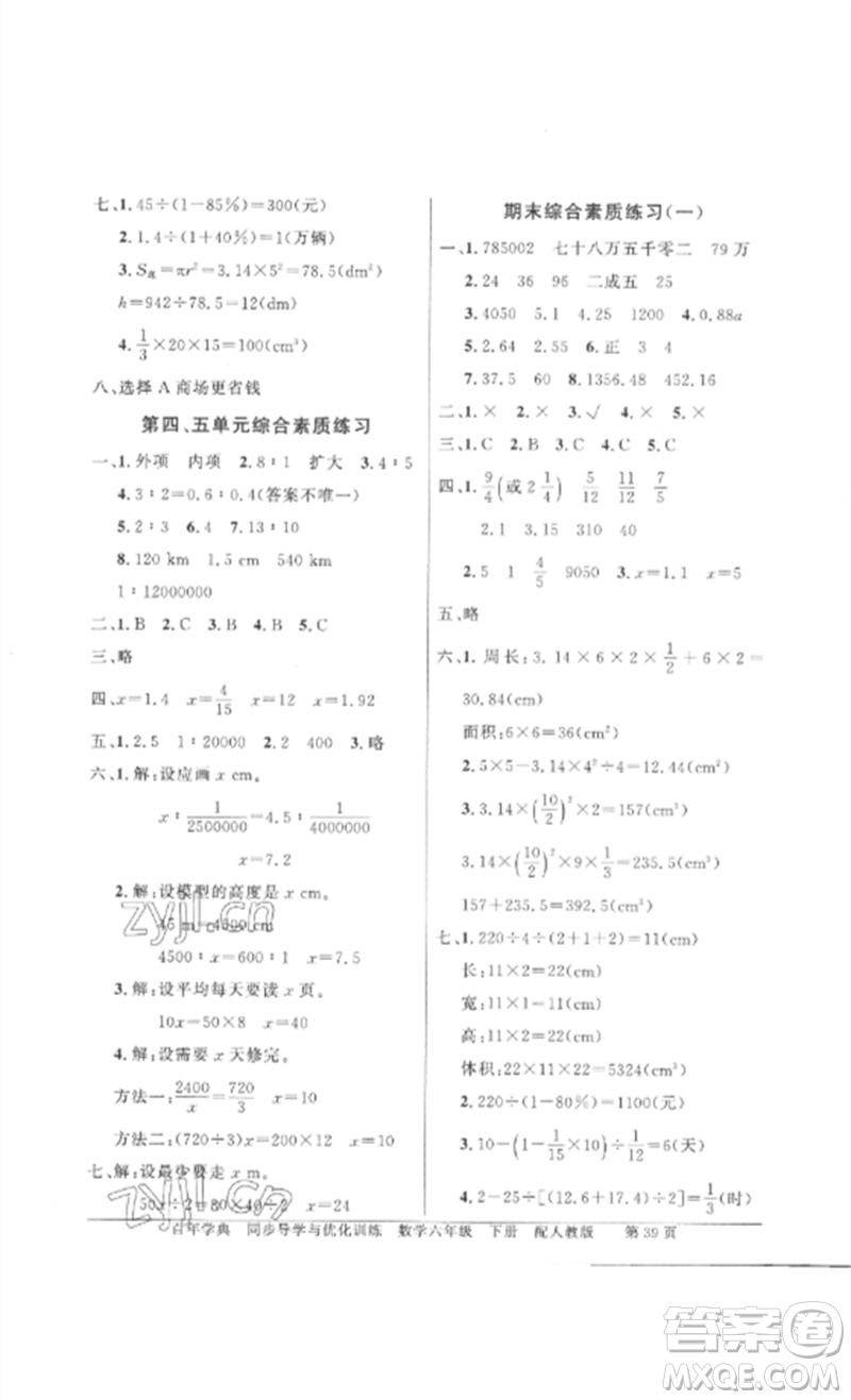 廣東教育出版社2023同步導學與優(yōu)化訓練六年級數學下冊人教版參考答案
