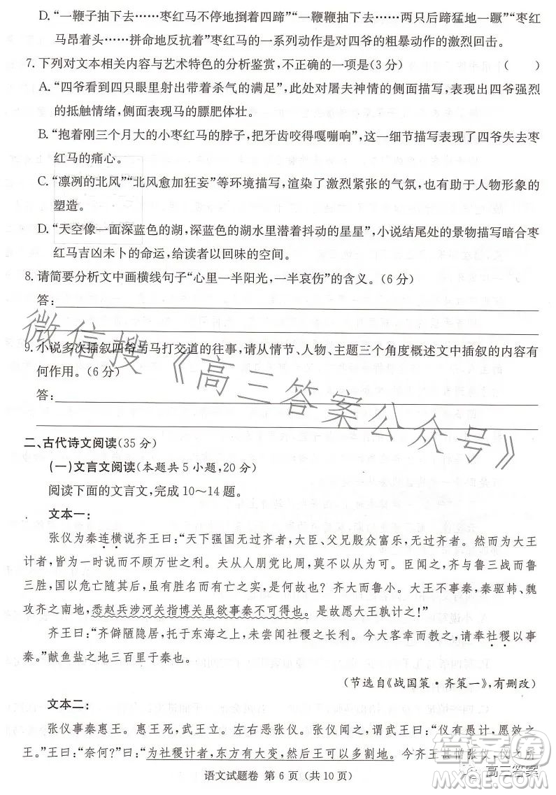 2023屆湖南新高考教學(xué)教研聯(lián)盟高三第二次聯(lián)考語文試卷答案