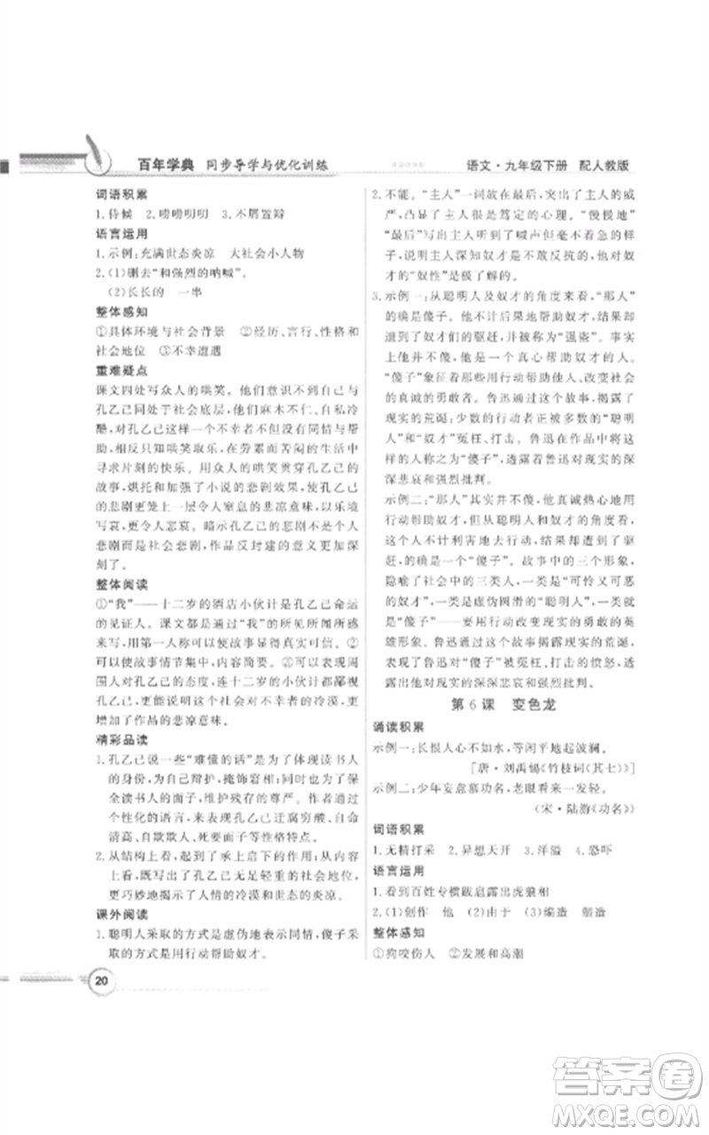 廣東教育出版社2023同步導學與優(yōu)化訓練九年級語文下冊人教版參考答案