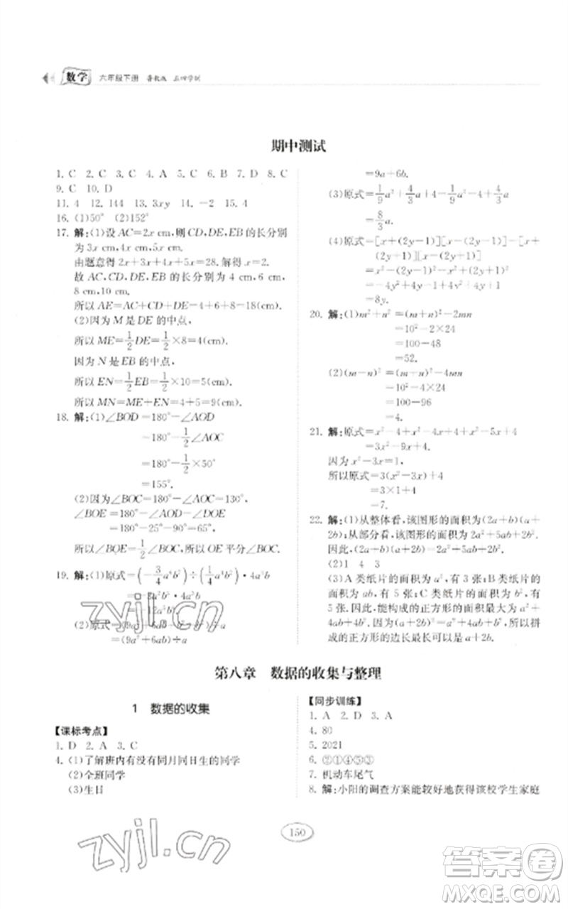 山東科學(xué)技術(shù)出版社2023初中同步練習(xí)冊(cè)六年級(jí)數(shù)學(xué)下冊(cè)魯教版五四制參考答案