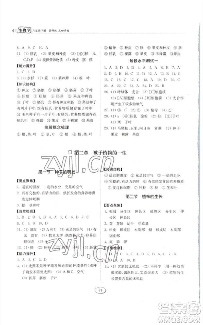 山東科學(xué)技術(shù)出版社2023初中同步練習(xí)冊(cè)六年級(jí)生物下冊(cè)魯科版五四制參考答案