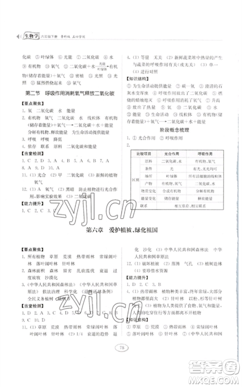 山東科學(xué)技術(shù)出版社2023初中同步練習(xí)冊(cè)六年級(jí)生物下冊(cè)魯科版五四制參考答案