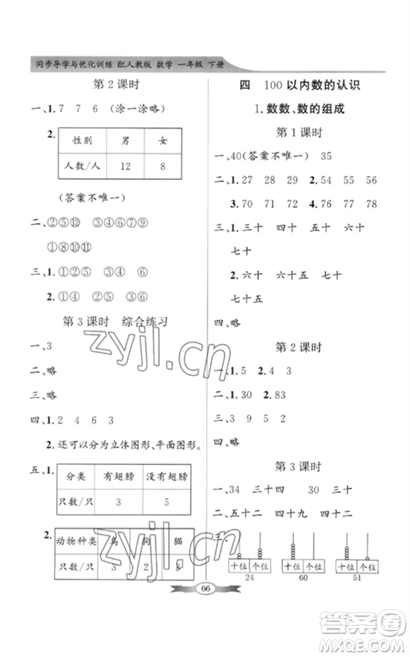 新世紀(jì)出版社2023同步導(dǎo)學(xué)與優(yōu)化訓(xùn)練一年級(jí)數(shù)學(xué)下冊(cè)人教版參考答案