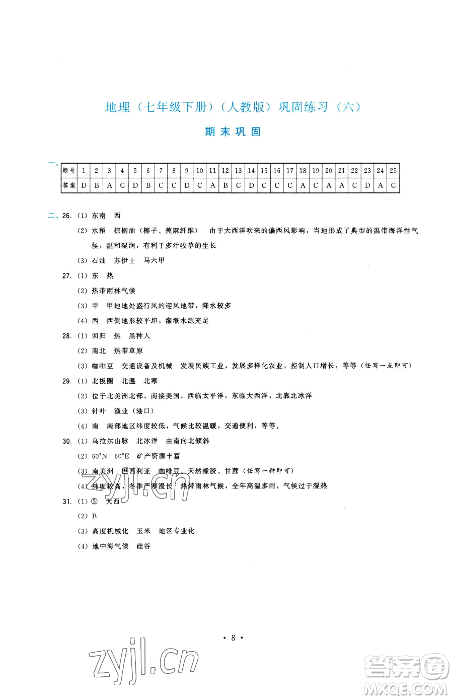 福建人民出版社2023頂尖課課練七年級(jí)下冊(cè)地理人教版參考答案