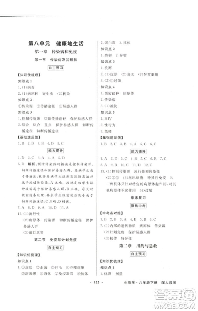 廣東教育出版社2023同步導(dǎo)學(xué)與優(yōu)化訓(xùn)練八年級(jí)生物下冊(cè)人教版參考答案