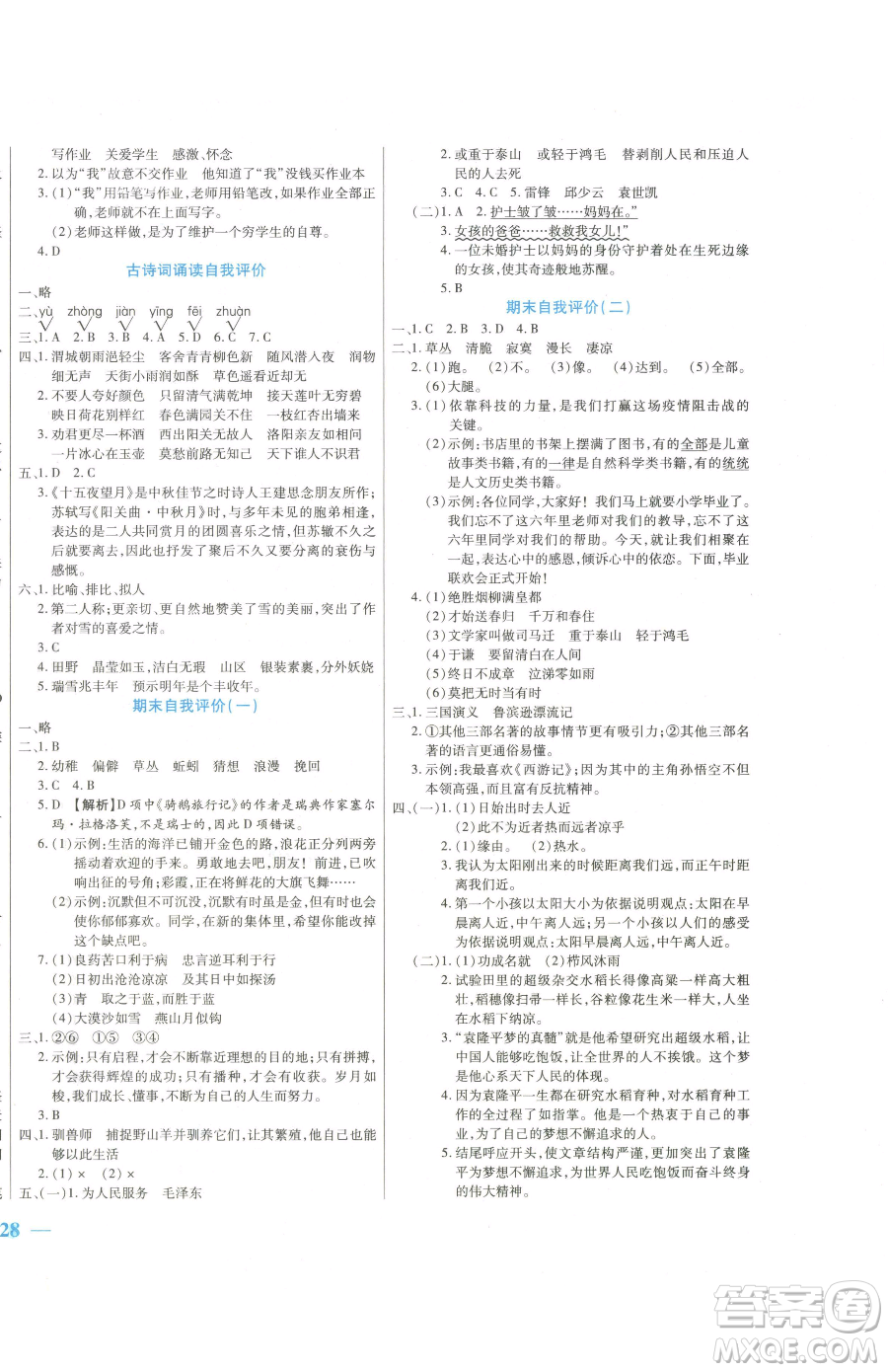 陽光出版社2023激活思維智能訓練六年級下冊語文人教版參考答案