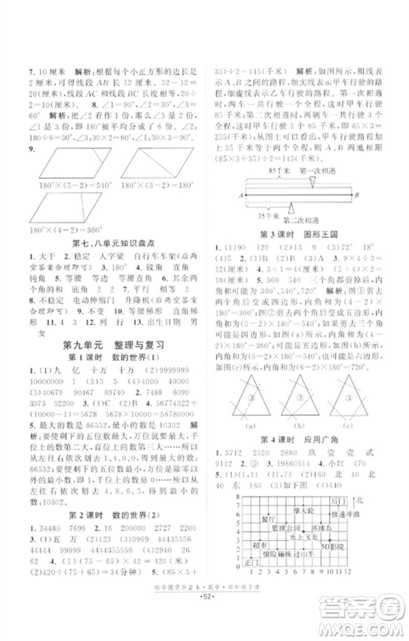 江蘇鳳凰美術(shù)出版社2023歐啦提優(yōu)作業(yè)本四年級(jí)數(shù)學(xué)下冊(cè)蘇教版參考答案