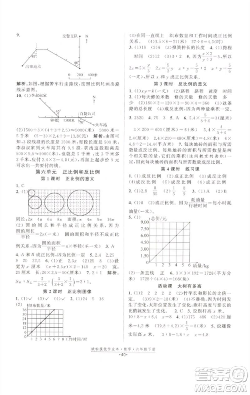 江蘇鳳凰美術(shù)出版社2023歐啦提優(yōu)作業(yè)本六年級(jí)數(shù)學(xué)下冊(cè)蘇教版參考答案