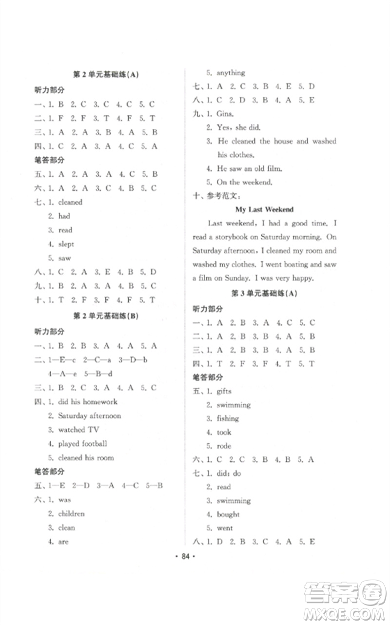 山東教育出版社2023金鑰匙小學(xué)英語試卷基礎(chǔ)練六年級下冊人教版參考答案