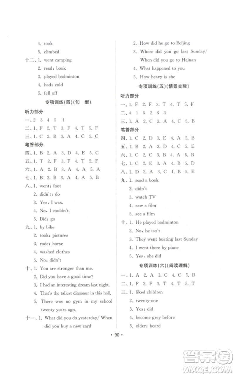 山東教育出版社2023金鑰匙小學(xué)英語試卷基礎(chǔ)練六年級下冊人教版參考答案