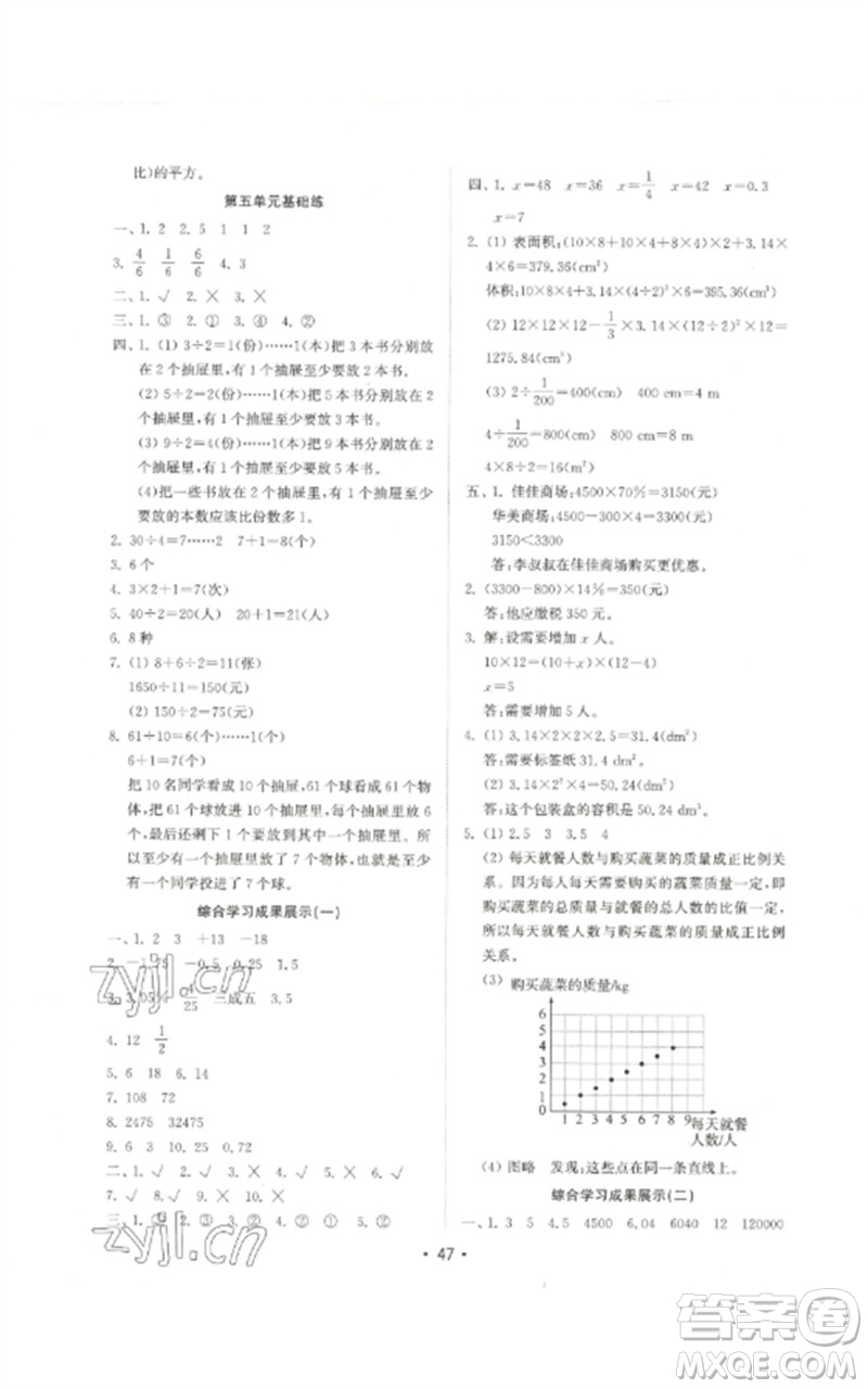 山東教育出版社2023金鑰匙小學(xué)數(shù)學(xué)試卷基礎(chǔ)練六年級(jí)下冊(cè)人教版參考答案
