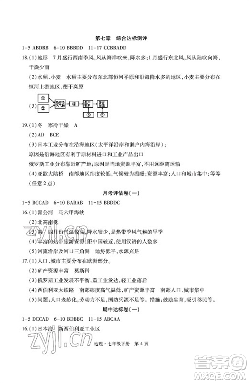 明天出版社2023初中同步練習冊自主測試卷七年級地理下冊人教版參考答案