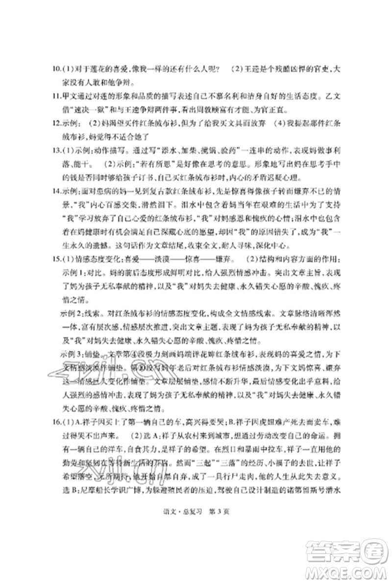 明天出版社2023初中同步練習冊自主測試卷九年級語文總復習人教版參考答案