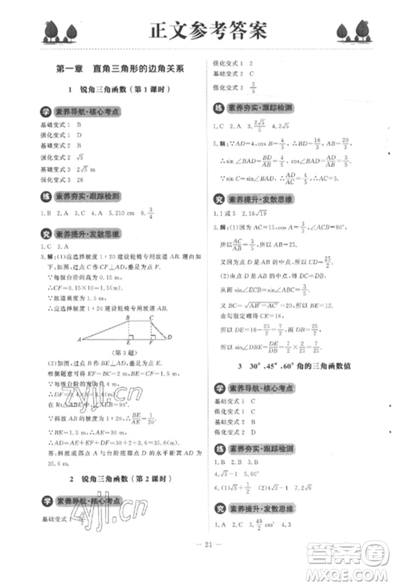 北京師范大學出版社2023初中同步練習冊九年級數學下冊北師大版參考答案