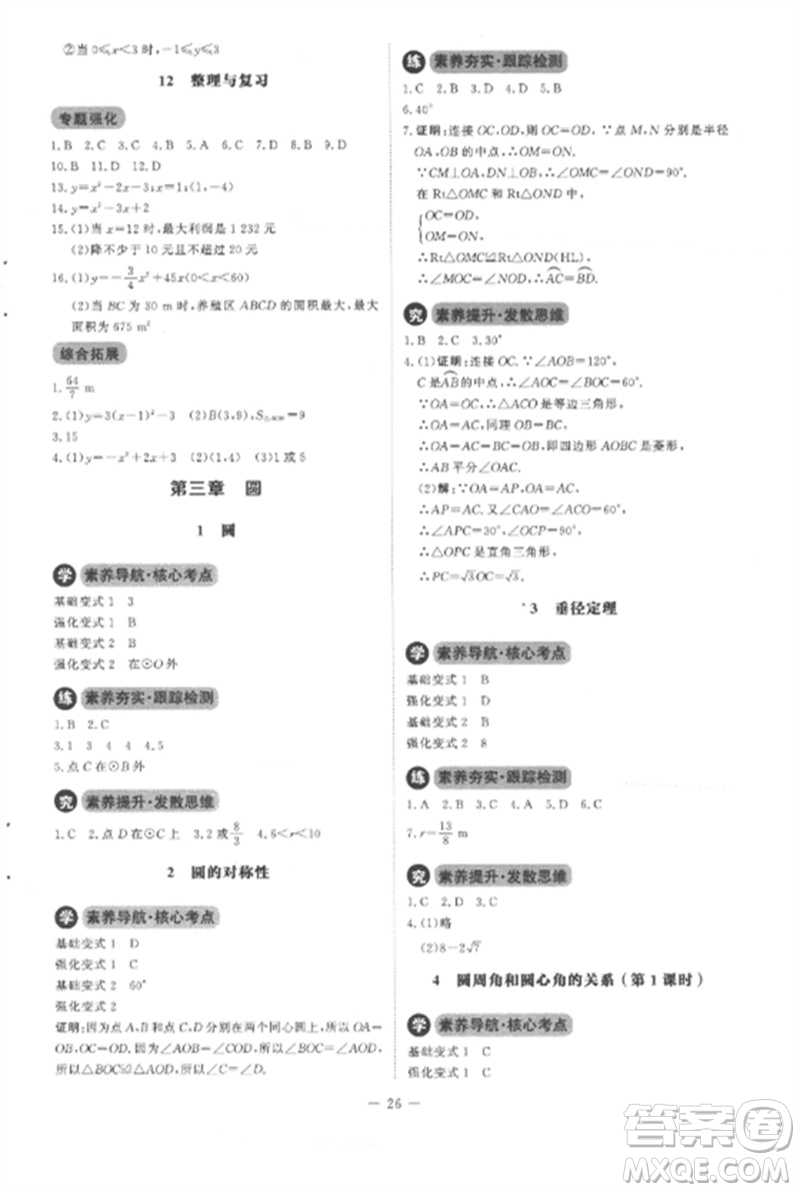 北京師范大學出版社2023初中同步練習冊九年級數學下冊北師大版參考答案