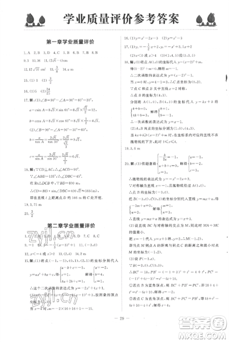 北京師范大學出版社2023初中同步練習冊九年級數學下冊北師大版參考答案