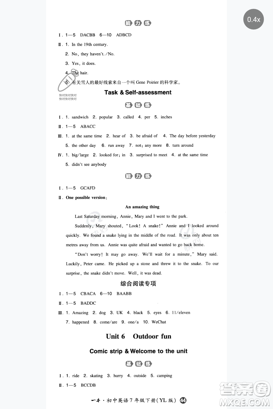 湖南教育出版社2023一本同步訓(xùn)練七年級下冊英語譯林版參考答案