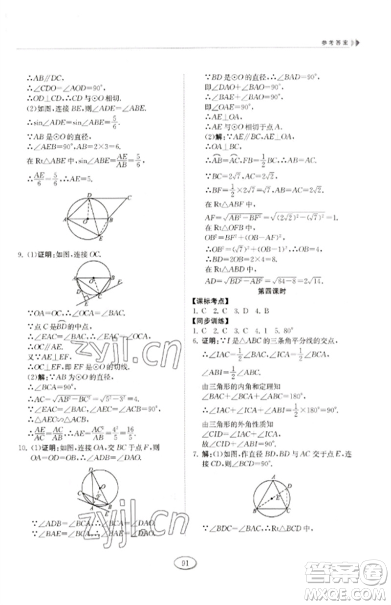 山東科學(xué)技術(shù)出版社2023初中同步練習(xí)冊九年級數(shù)學(xué)下冊魯教版五四制參考答案