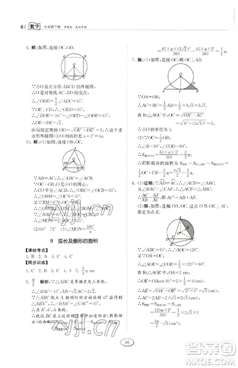 山東科學(xué)技術(shù)出版社2023初中同步練習(xí)冊九年級數(shù)學(xué)下冊魯教版五四制參考答案