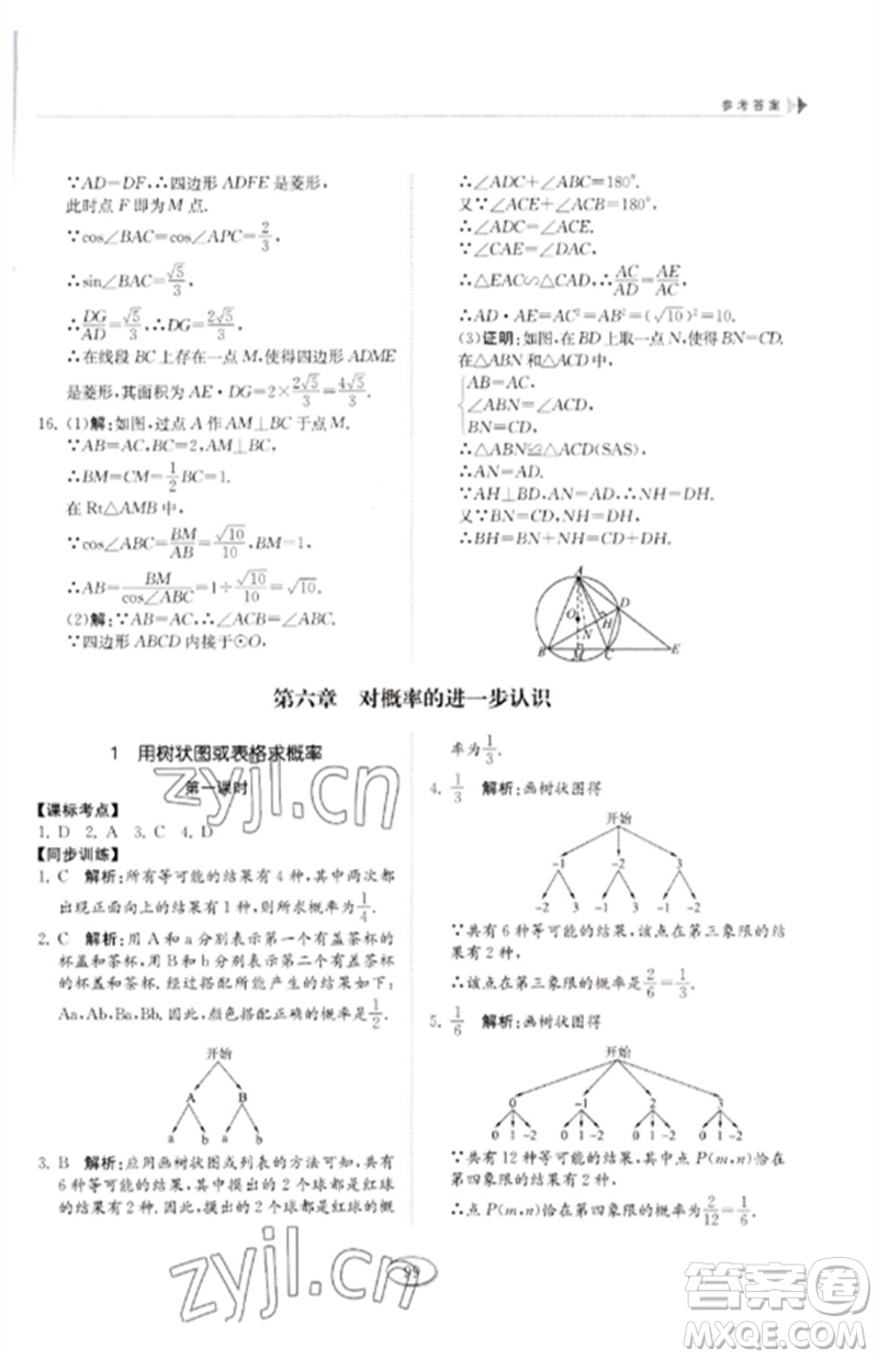 山東科學(xué)技術(shù)出版社2023初中同步練習(xí)冊九年級數(shù)學(xué)下冊魯教版五四制參考答案