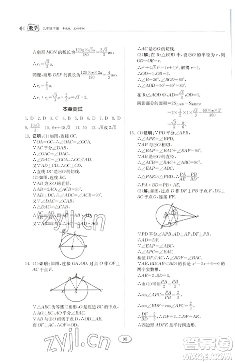 山東科學(xué)技術(shù)出版社2023初中同步練習(xí)冊九年級數(shù)學(xué)下冊魯教版五四制參考答案