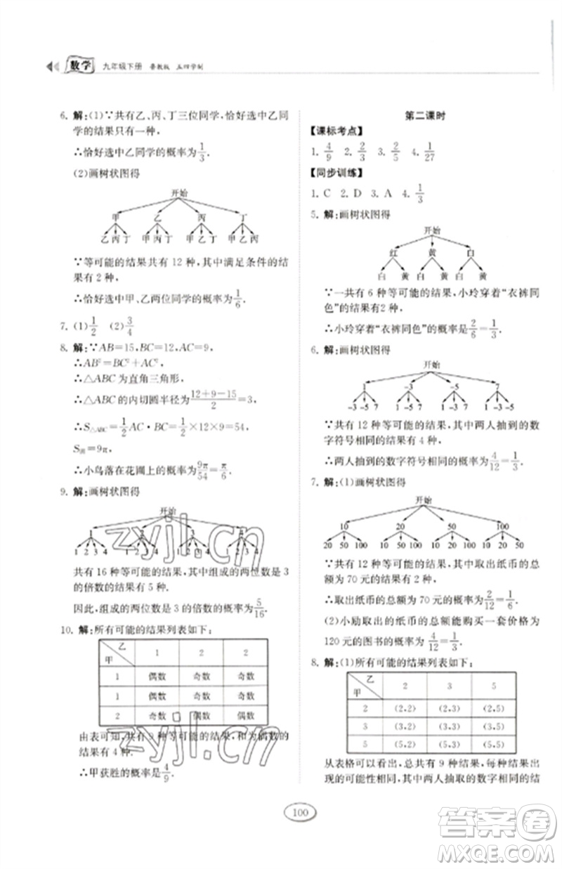 山東科學(xué)技術(shù)出版社2023初中同步練習(xí)冊九年級數(shù)學(xué)下冊魯教版五四制參考答案