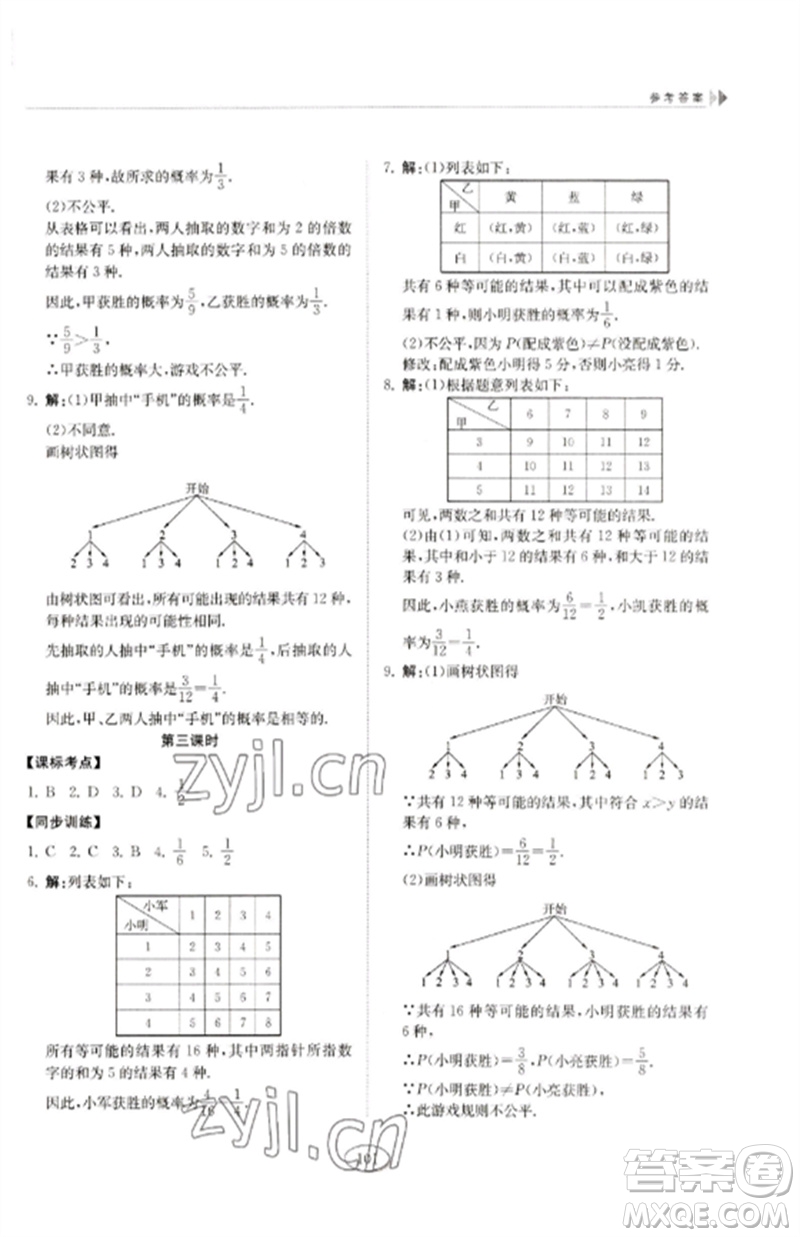 山東科學(xué)技術(shù)出版社2023初中同步練習(xí)冊九年級數(shù)學(xué)下冊魯教版五四制參考答案