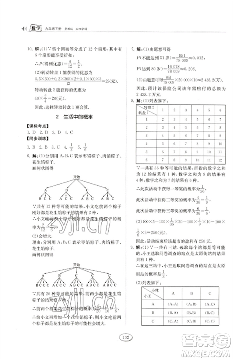 山東科學(xué)技術(shù)出版社2023初中同步練習(xí)冊九年級數(shù)學(xué)下冊魯教版五四制參考答案