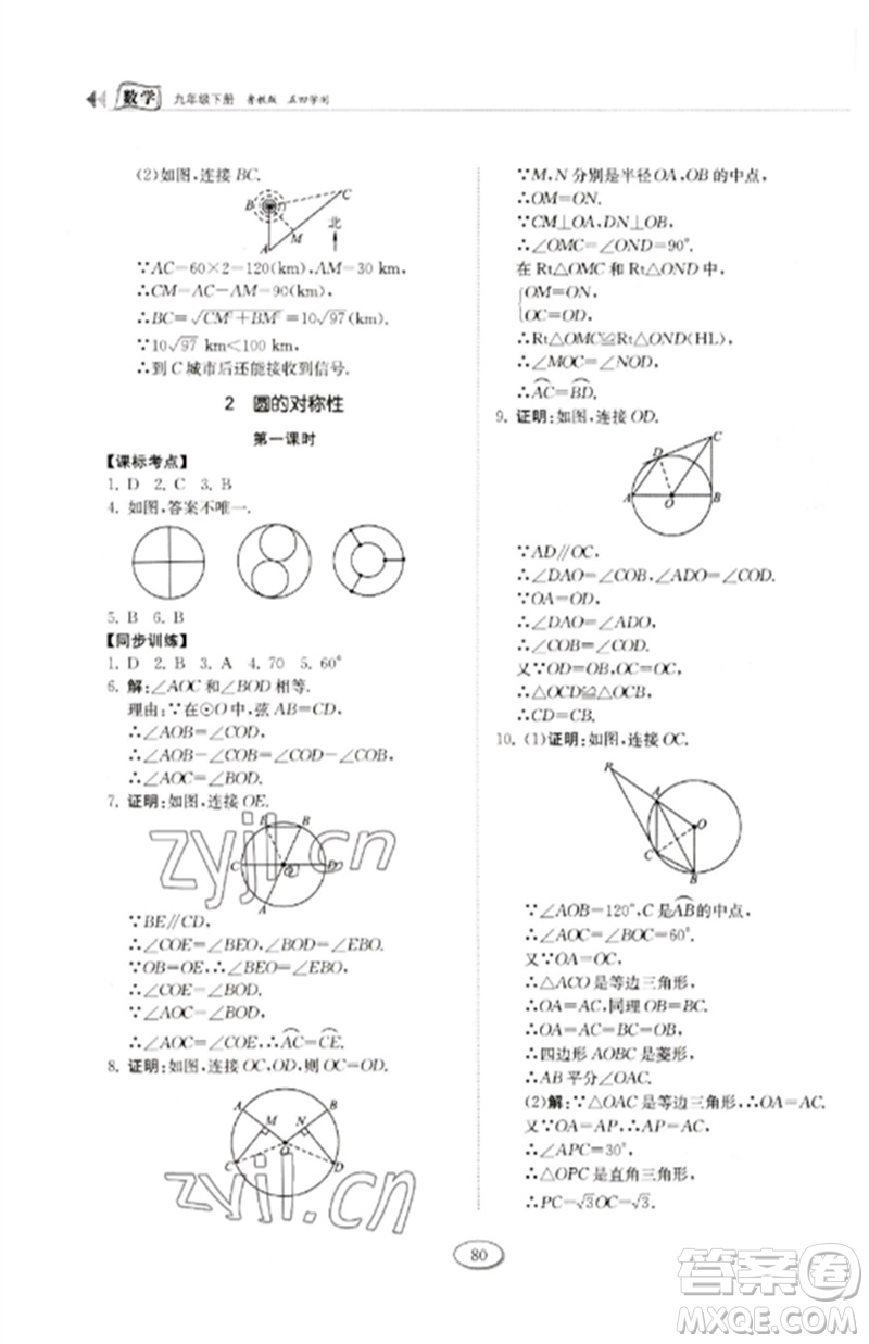 山東科學(xué)技術(shù)出版社2023初中同步練習(xí)冊九年級數(shù)學(xué)下冊魯教版五四制參考答案