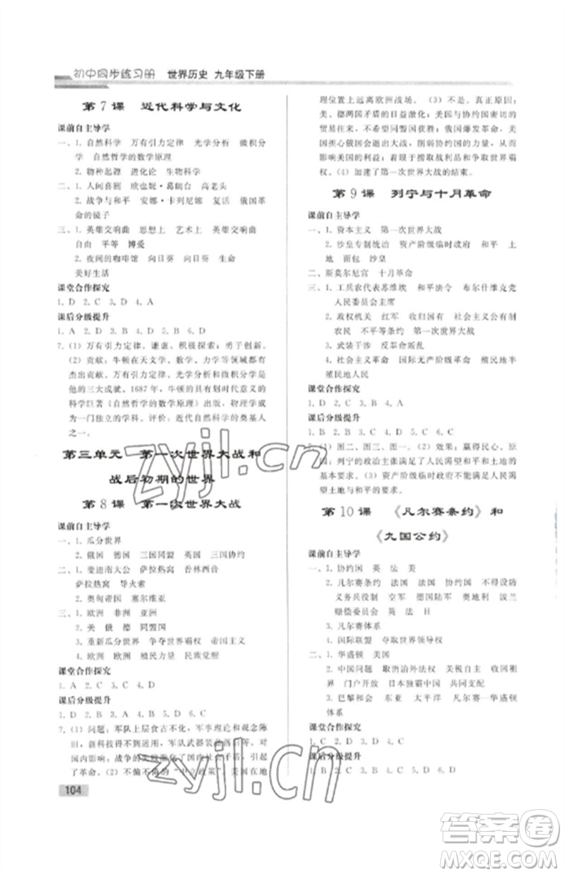 人民教育出版社2023初中同步練習(xí)冊九年級(jí)世界歷史下冊人教版參考答案