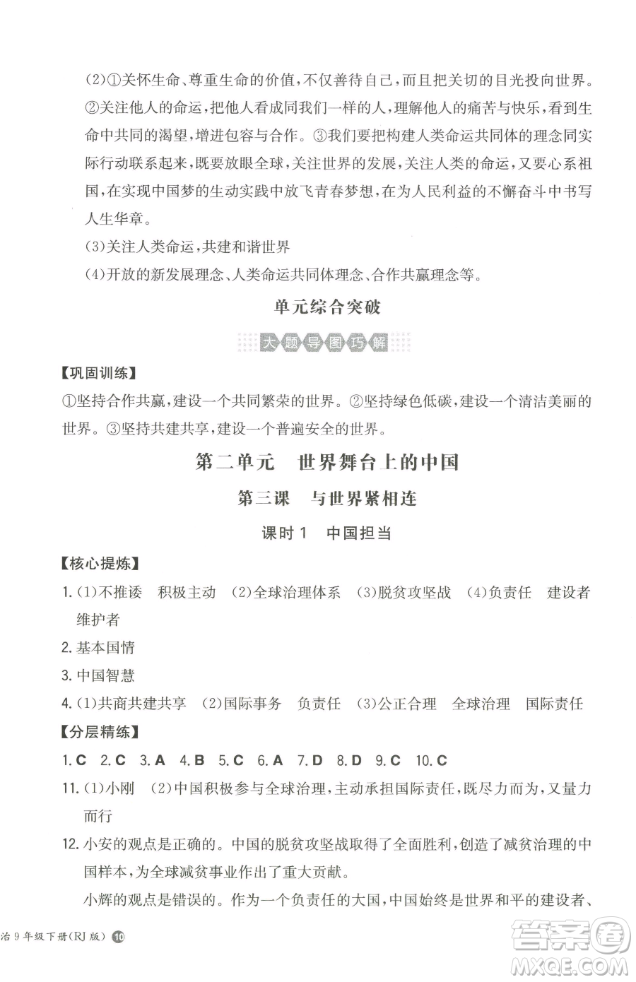 湖南教育出版社2023一本同步訓(xùn)練九年級(jí)下冊(cè)道德與法治人教版參考答案