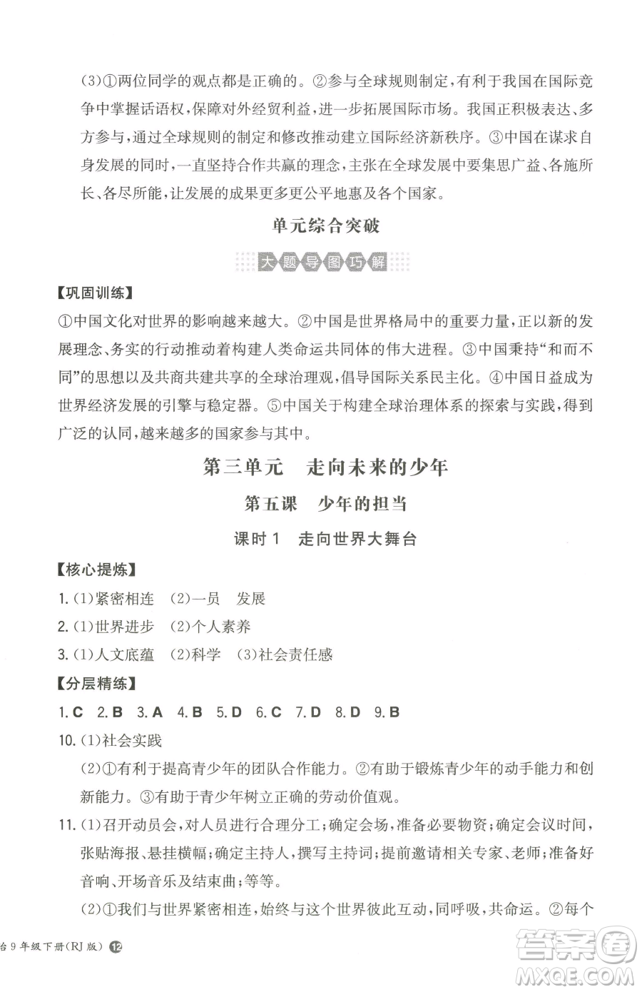 湖南教育出版社2023一本同步訓(xùn)練九年級(jí)下冊(cè)道德與法治人教版參考答案
