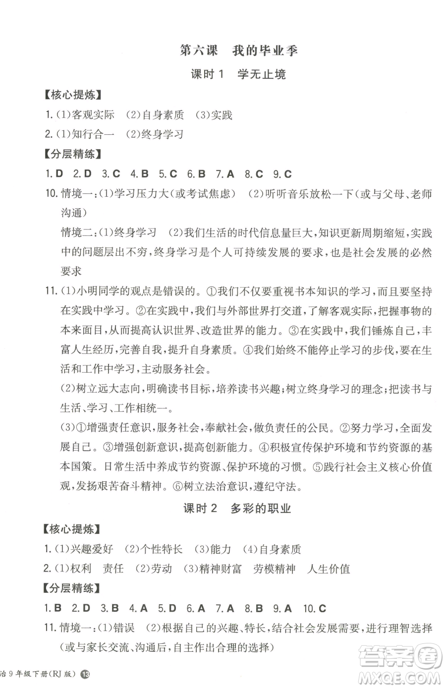 湖南教育出版社2023一本同步訓(xùn)練九年級(jí)下冊(cè)道德與法治人教版參考答案