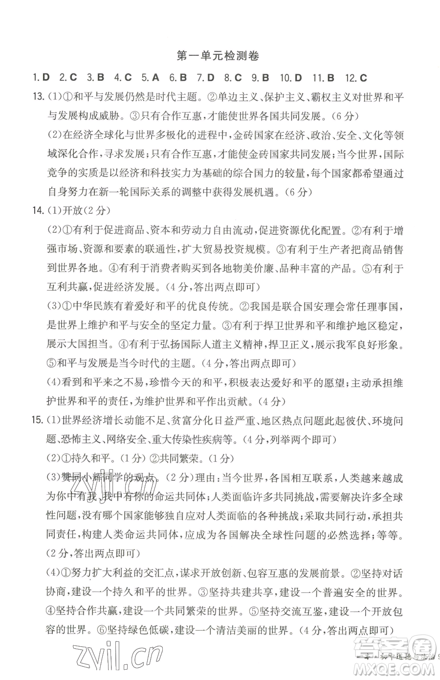 湖南教育出版社2023一本同步訓(xùn)練九年級(jí)下冊(cè)道德與法治人教版參考答案