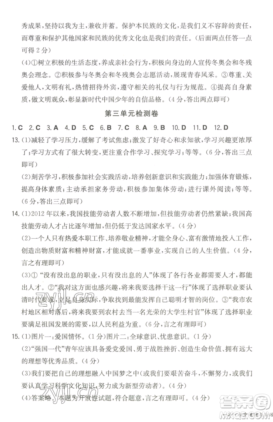 湖南教育出版社2023一本同步訓(xùn)練九年級(jí)下冊(cè)道德與法治人教版參考答案