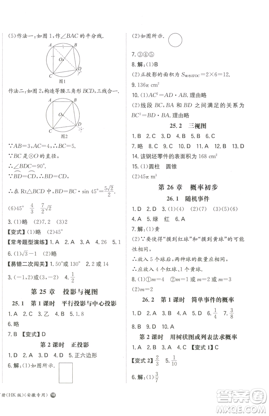 湖南教育出版社2023一本同步訓(xùn)練九年級(jí)下冊(cè)數(shù)學(xué)滬科版安徽專用參考答案