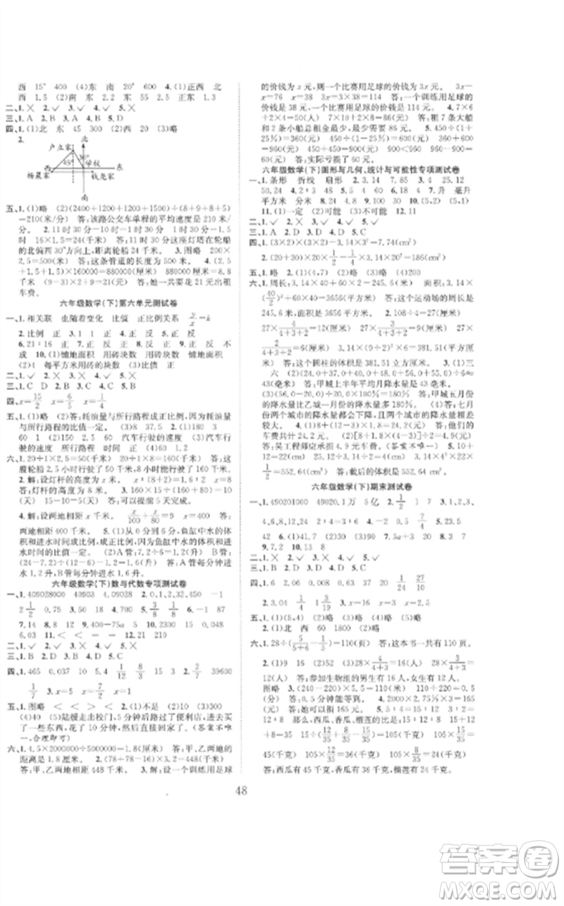 安徽人民出版社2023新經(jīng)典練與測(cè)六年級(jí)數(shù)學(xué)下冊(cè)蘇教版參考答案