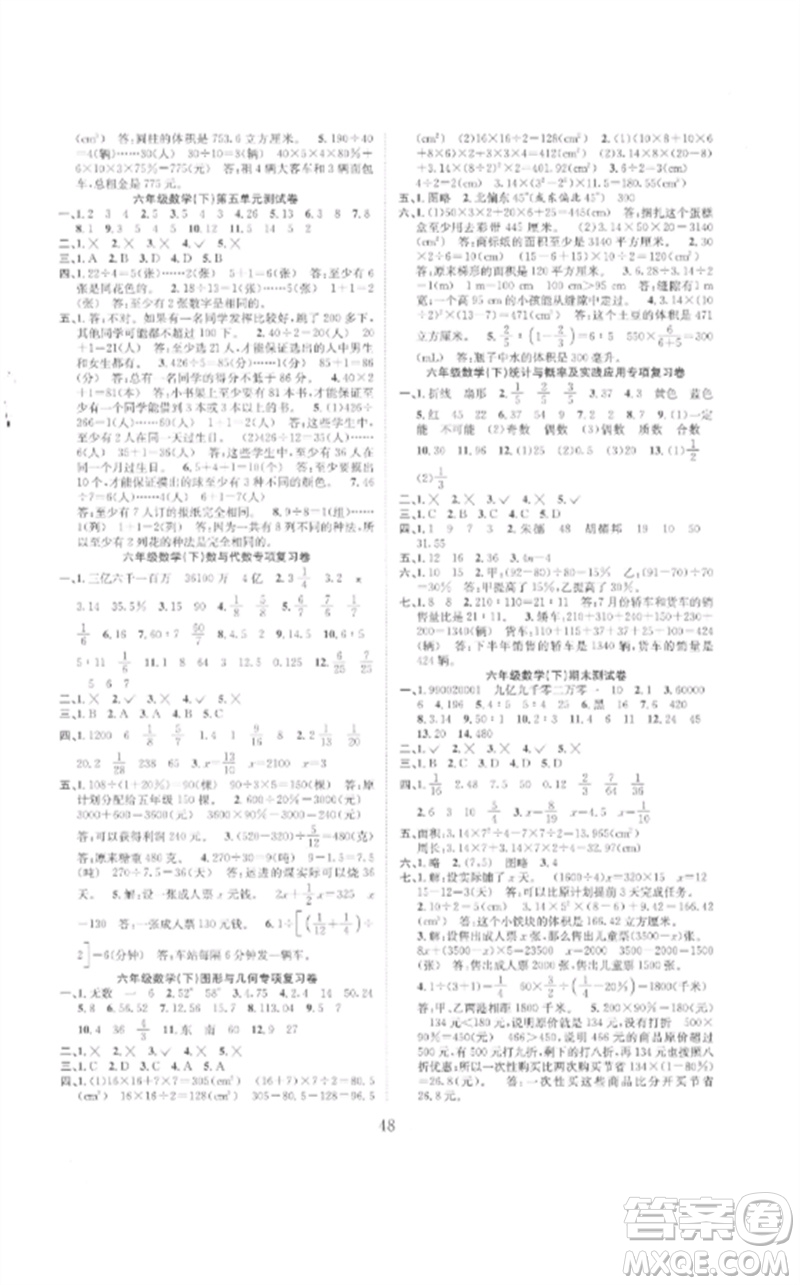安徽人民出版社2023新經(jīng)典練與測六年級數(shù)學(xué)下冊人教版參考答案