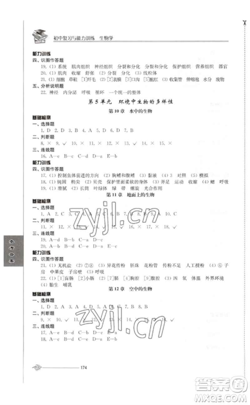 江蘇人民出版社2023初中復習與能力訓練中考生物通用版參考答案
