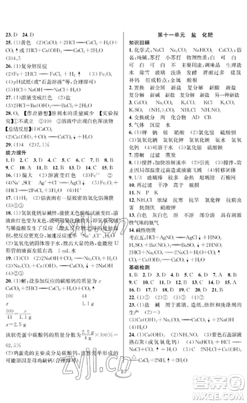 長(zhǎng)江少年兒童出版社2023中考復(fù)習(xí)指南化學(xué)通用版襄陽(yáng)專(zhuān)版參考答案