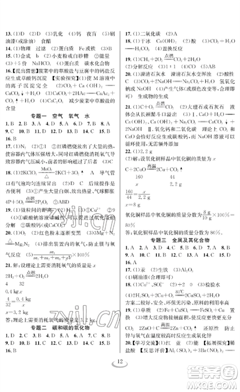 長(zhǎng)江少年兒童出版社2023中考復(fù)習(xí)指南化學(xué)通用版襄陽(yáng)專(zhuān)版參考答案