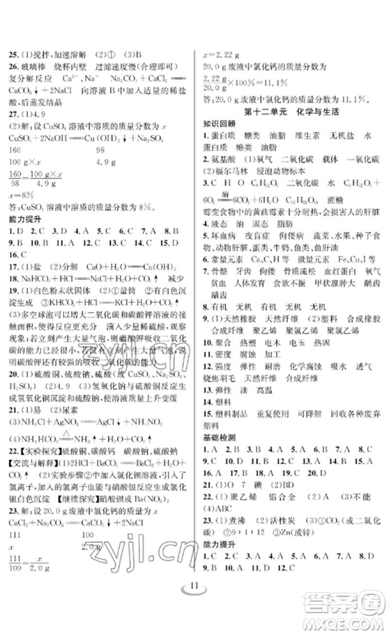 長(zhǎng)江少年兒童出版社2023中考復(fù)習(xí)指南化學(xué)通用版襄陽(yáng)專(zhuān)版參考答案