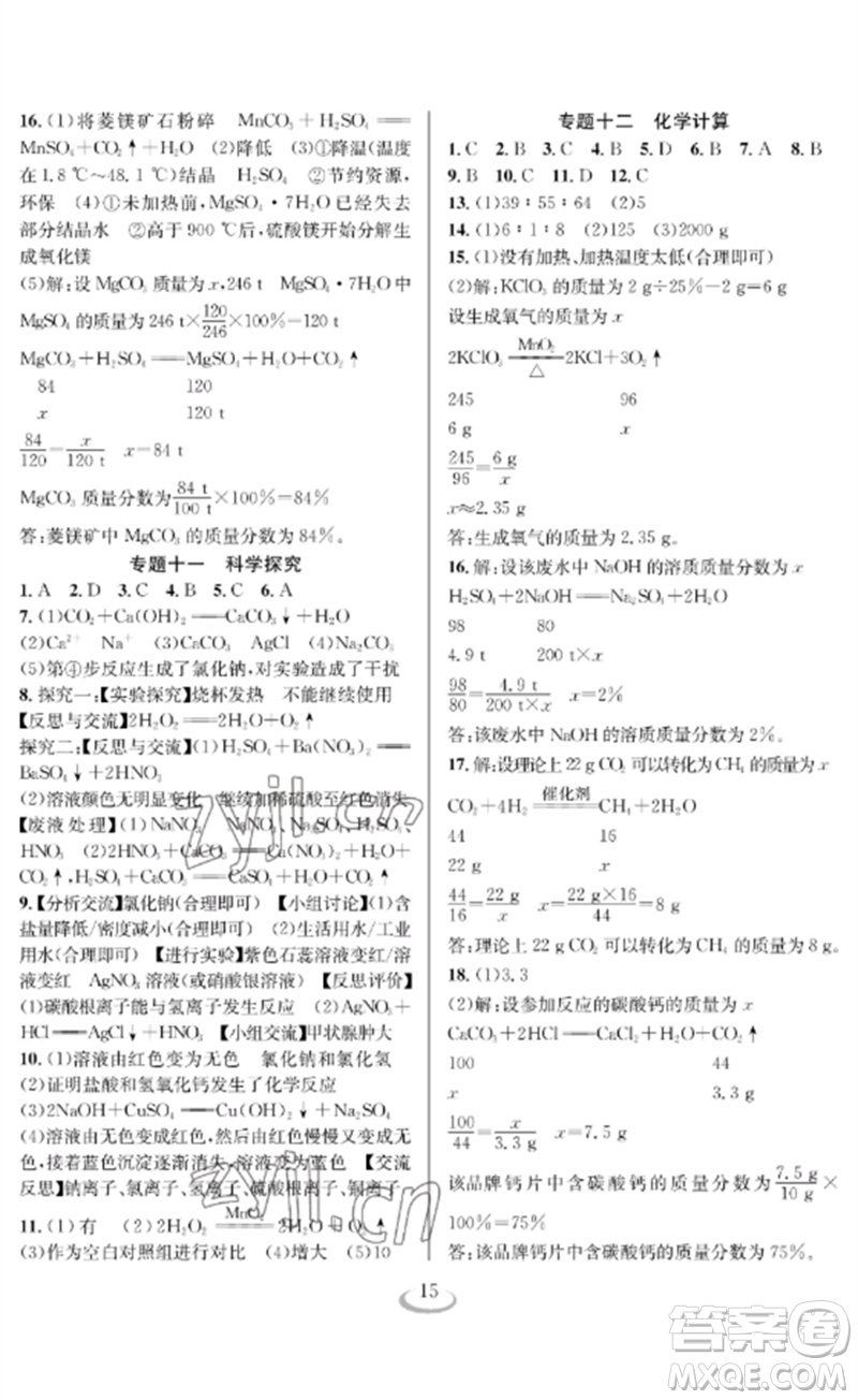 長(zhǎng)江少年兒童出版社2023中考復(fù)習(xí)指南化學(xué)通用版襄陽(yáng)專(zhuān)版參考答案