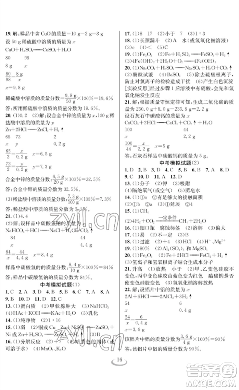 長(zhǎng)江少年兒童出版社2023中考復(fù)習(xí)指南化學(xué)通用版襄陽(yáng)專(zhuān)版參考答案