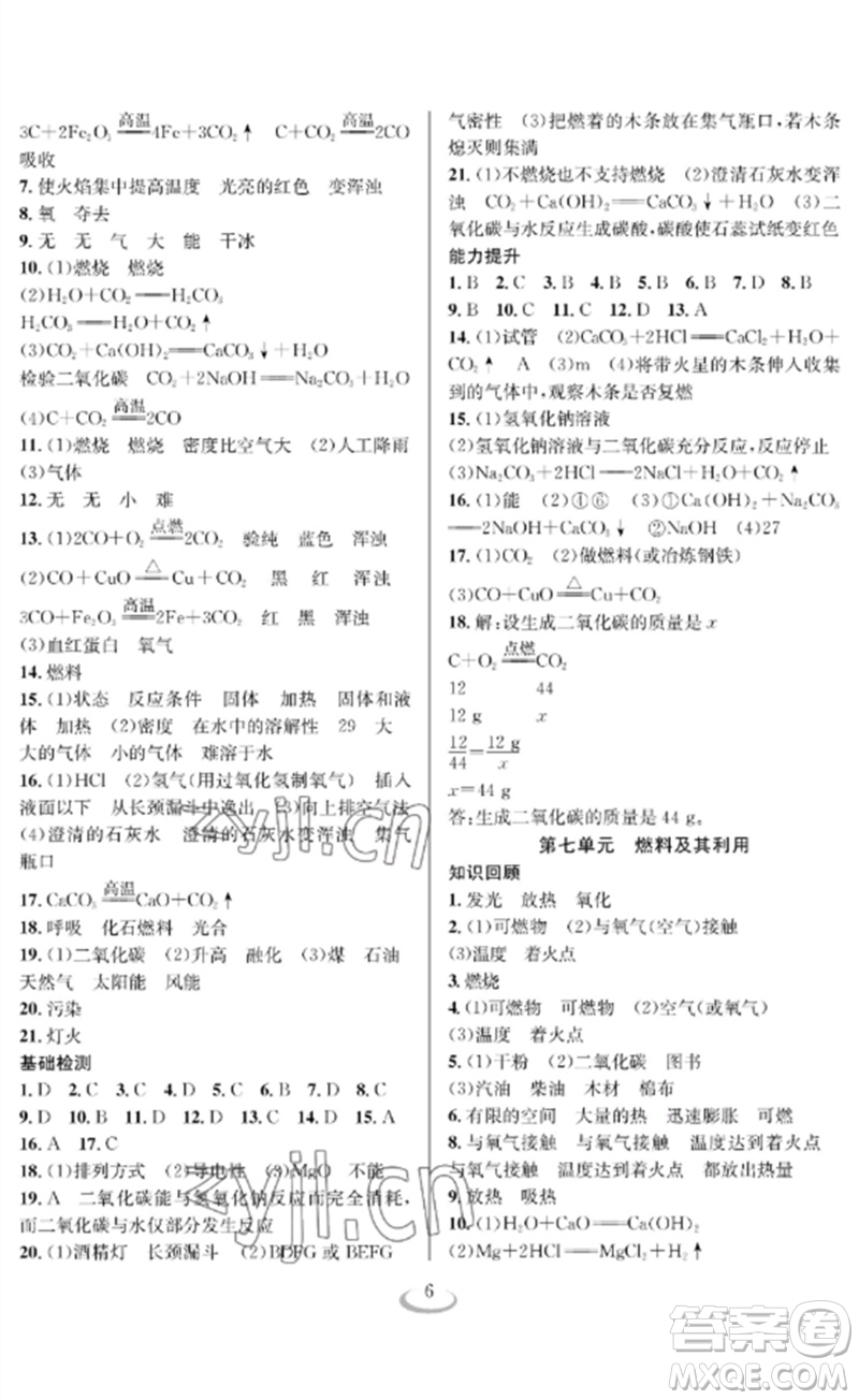 長(zhǎng)江少年兒童出版社2023中考復(fù)習(xí)指南化學(xué)通用版襄陽(yáng)專(zhuān)版參考答案