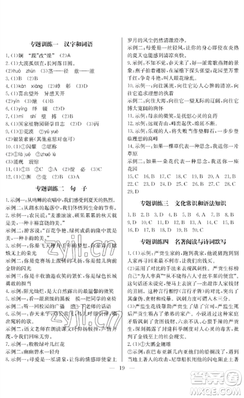 長(zhǎng)江少年兒童出版社2023中考復(fù)習(xí)指南語(yǔ)文通用版襄陽(yáng)專(zhuān)版參考答案